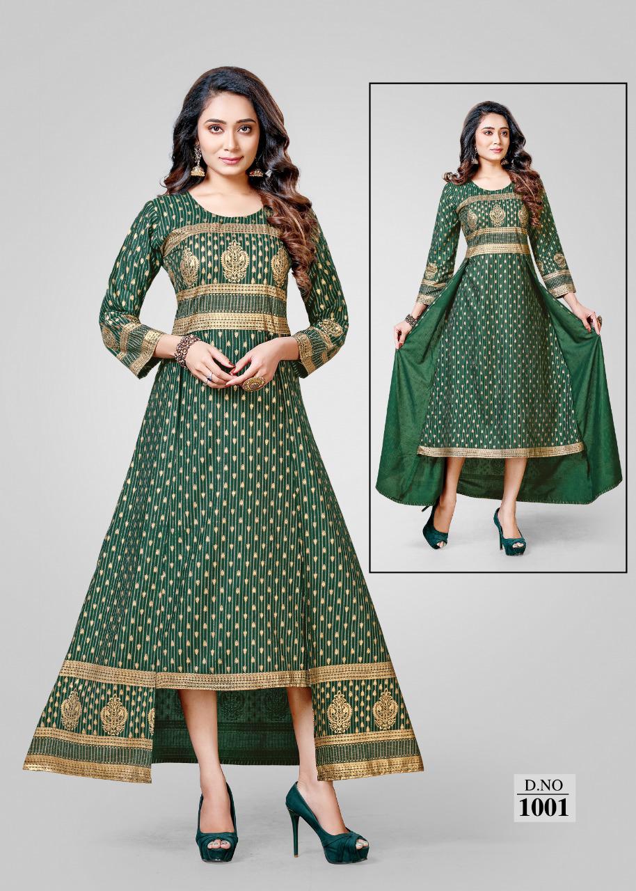 Ft Rayon  Latest Fancy Designer Gold Print Double Cut Kurti Collection